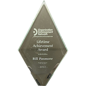 Crystal award for lifetime achievement presented by the organization development network to bill pasmore, dated 2023.